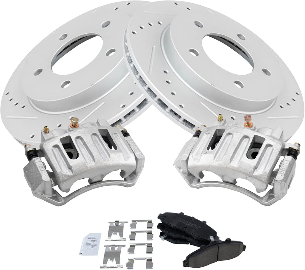 TRQ Performance Front Brake Pad and Rotor Set Ceramic Vented Drilled Slotted Coated Rotors Calipers Compatible with 1997-2001 Ford F-150