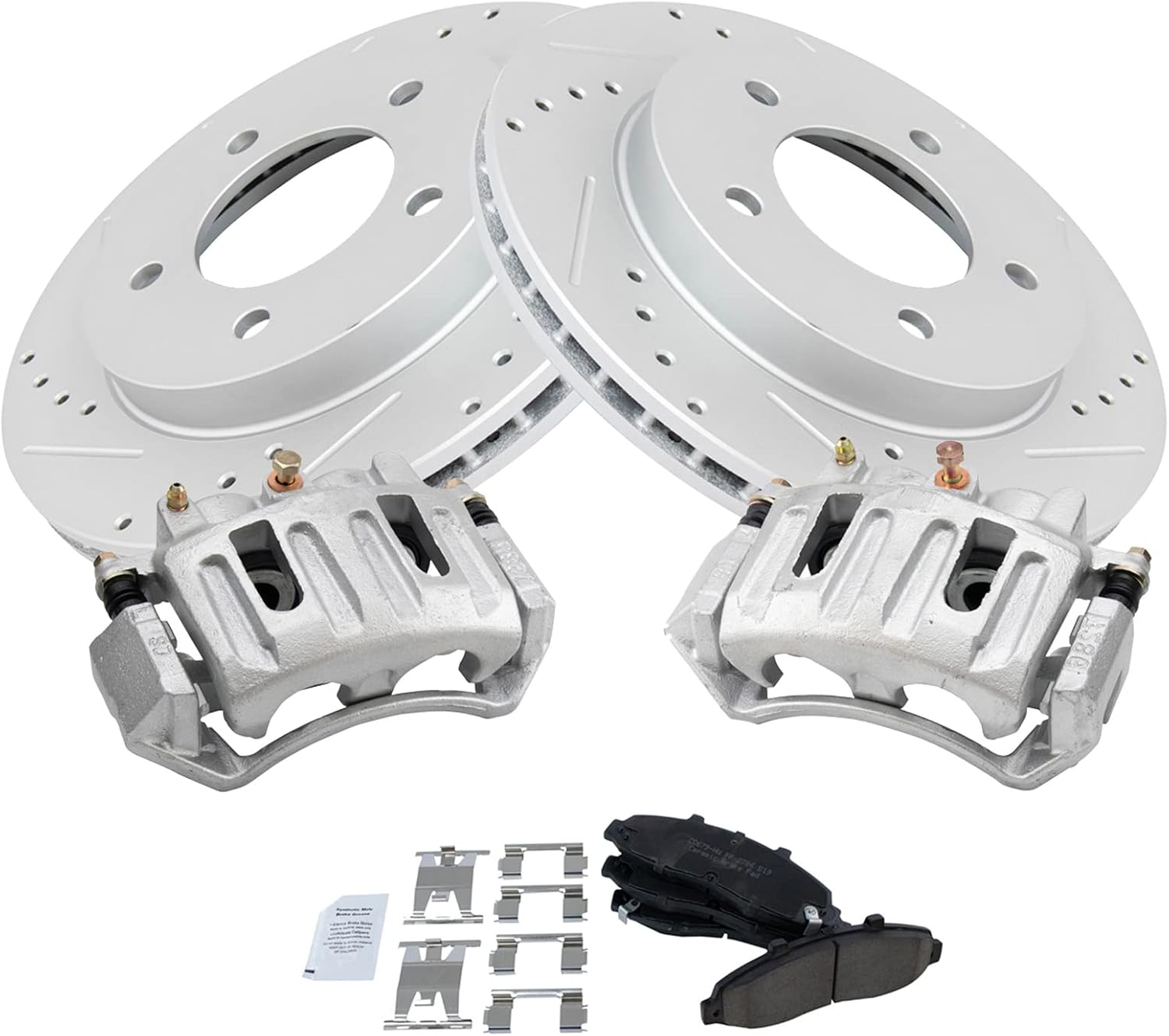 TRQ Performance Front Brake Pad and Rotor Set Ceramic Vented Drilled Slotted Coated Rotors Calipers Compatible with 1997-2001 Ford F-150