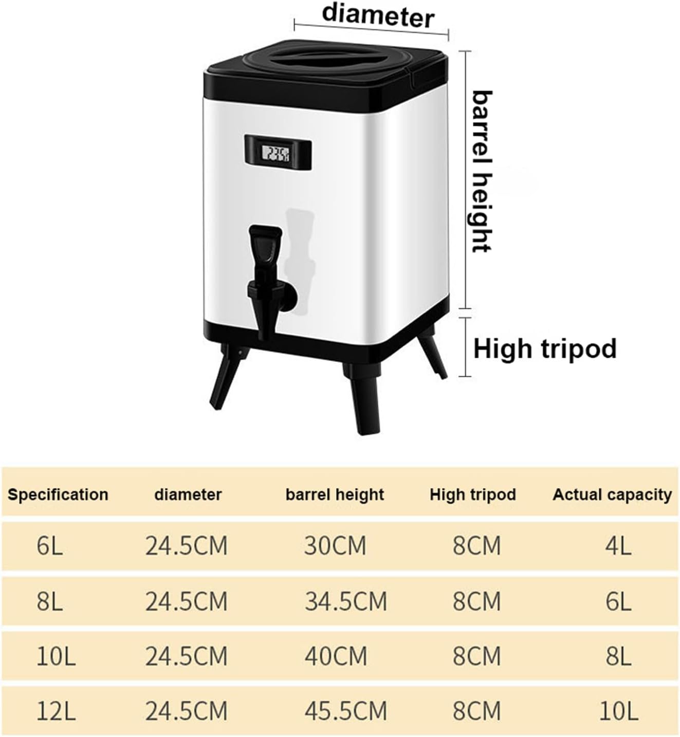 Stainless Steel Insulated Barrel,Double-Layer Insulation Barrel Container,with Faucet and Digital Display Temperature Screen, for Hot Water Milk Tea Coffee,White,8L (Black-6L