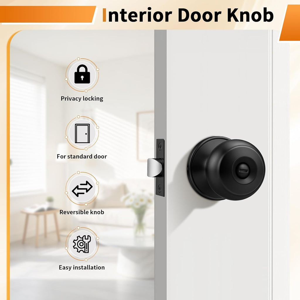 Probrico Black Door Knobs, Interior Door Knobs with Round Ball Knob, Matte Black Privacy Door Knob for Bedroom Bathroom, 12 Pack