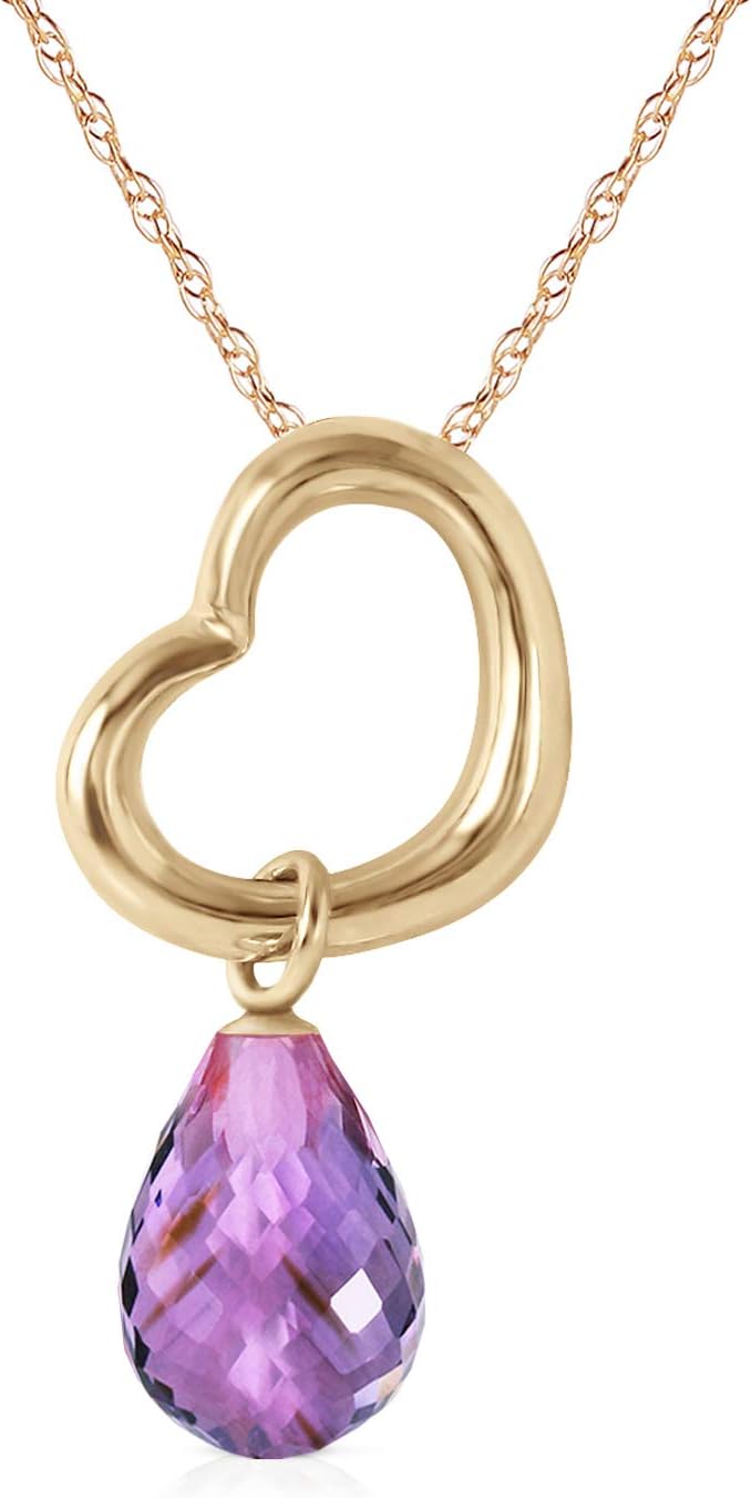 Galaxy Gold GG 14K Gold Open Heart with Genuine Purple Amethyst Drop Pendant Necklace