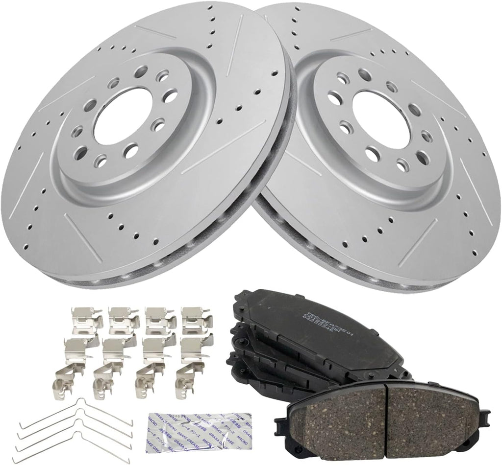 TRQ Performance Front Brake Pad and Rotor Set Ceramic G Coated Drilled Slotted Rotors Compatible with 2016-2021 Jeep Cherokee