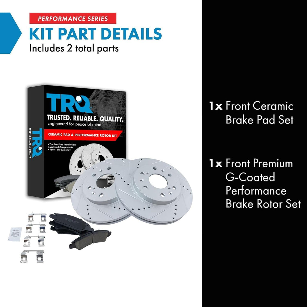 TRQ Performance Front Ceramic Brake Pad and Rotor Set Coated Drilled Slotted Compatible with 2008-13 Chevrolet Silverado 1500 2009-14 Chevrolet Tahoe 2013-19 Cadillac XTS with Heavy Duty Brakes