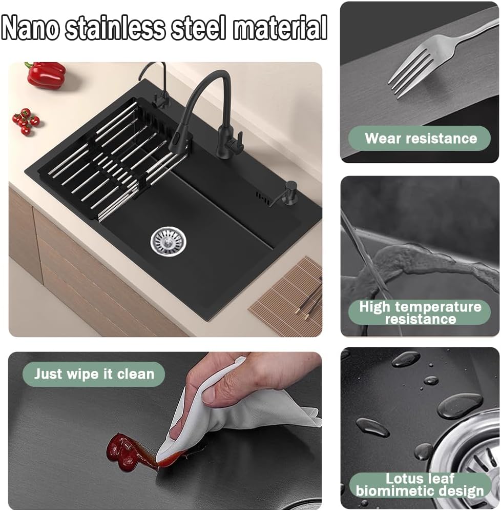 19.7 * 17.7in Drop In Kitchen Sink,Black Stainless Steel Single Bowl Sink,Topmount Workstation Sink With Pull Out Faucet,Soap Dispenser And Drain Basket
