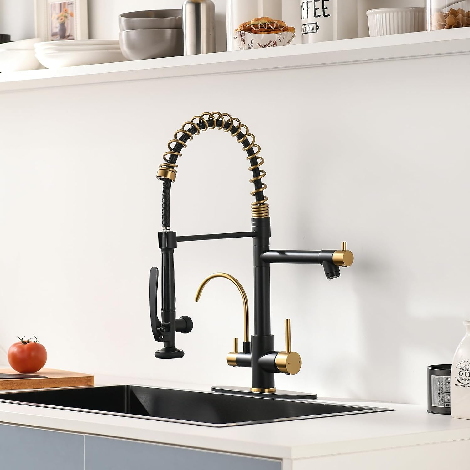 Fapully Commercial Kitchen Faucet with Pull Down Sprayer and Water Filter, Matte Black&Brushed Gold 3 in 1 Kitchen Faucets with Drinking Water Faucet for Kitchen Sink