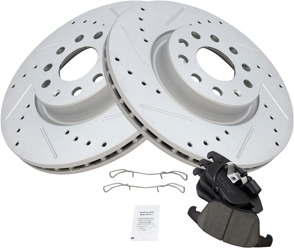 TRQ Performance Front Brake Pad and Rotor Set Ceramic Coated Drilled Slotted Vented Rotors Compatible with 2012-2020 Volkswagen Passat 2009-2018 Tiguan 2018 Tiguan Limited 2015-2018 Audi Q3 Q3 Quattro