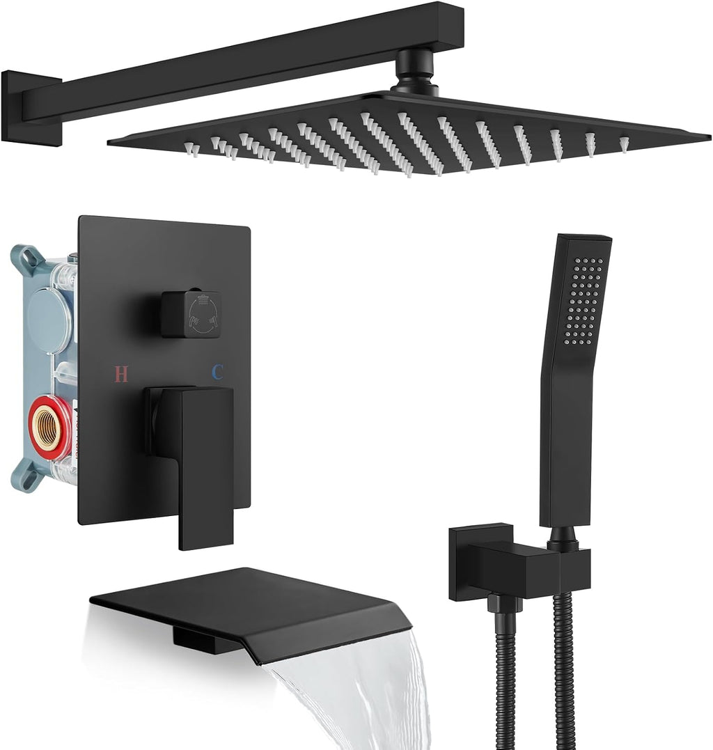 gotonovo 10'' Rain Shower Faucet System Rainfall Shower Head with Handheld Sprayer Waterfall Tub Spout Wall Mounted Mixer Combo Rough-in Valve and Trim Included 5.7 Inch Wide Spout Matte Black