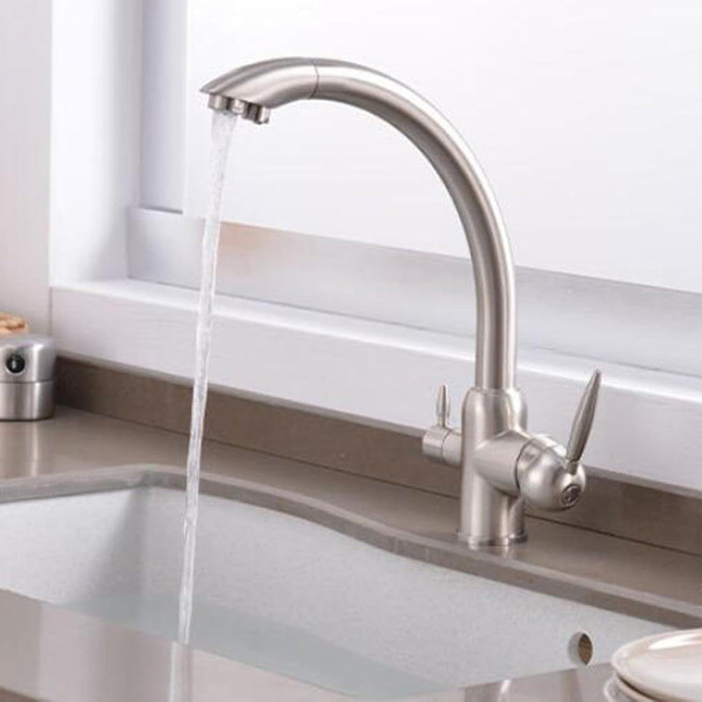 Kitchen 3 Way Faucets Mixer Brass 3 Way Faucets for Kitchen Sink Double Outlet Hot and Cold Water-Brushed