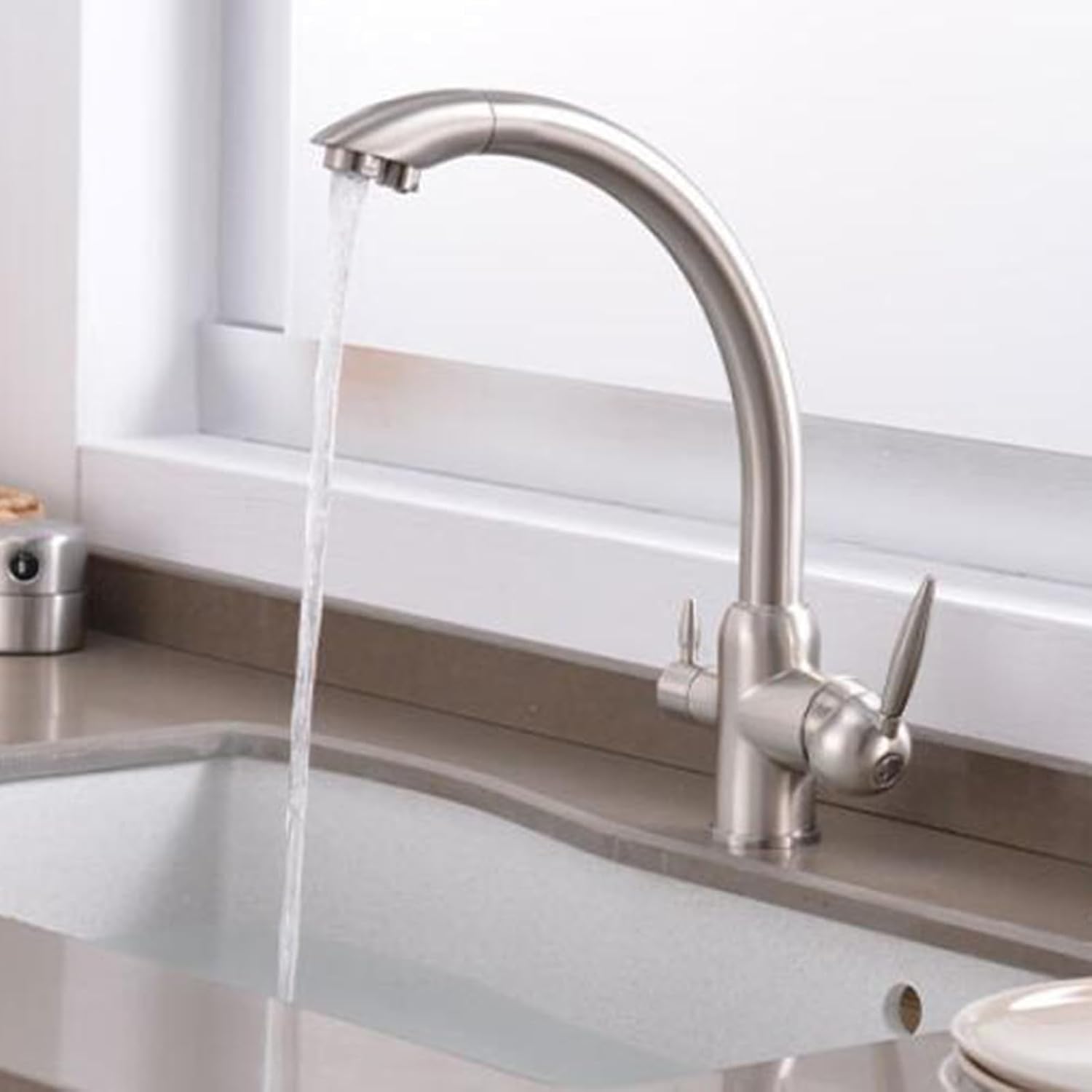 Kitchen 3 Way Faucets Mixer Brass 3 Way Faucets for Kitchen Sink Double Outlet Hot and Cold Water-Brushed