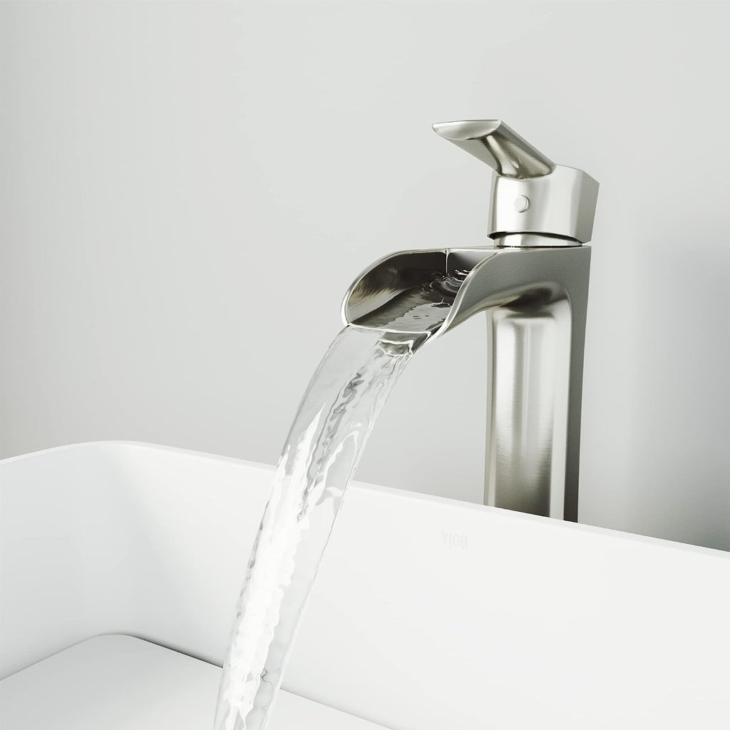 VIGO Niko Waterfall Single-Handle Single-Hole Mount Vessel Bathroom Sink Faucet, 11-Inch, Brushed Nickel, Modern Design, Solid Brass, 1.2 GPM WaterSense & Ceramic Disc Valve - VG03024BN