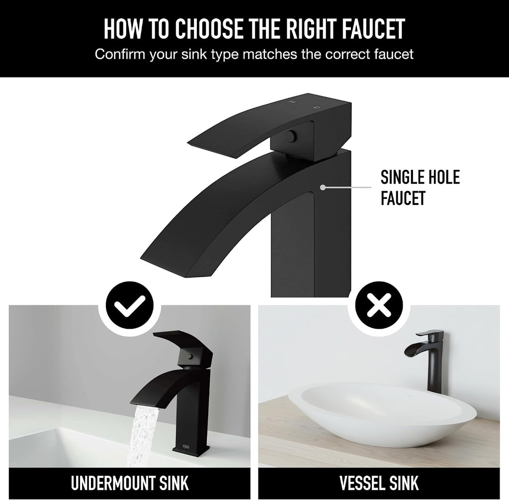 VIGO Satro Waterfall Single-Handle Single-Hole Mount Bathroom Sink Faucet, 7-Inch, Matte Black, Modern Design, Solid Brass, 1.2 GPM WaterSense & Ceramic Disc Valve, Corrosion-Resistant