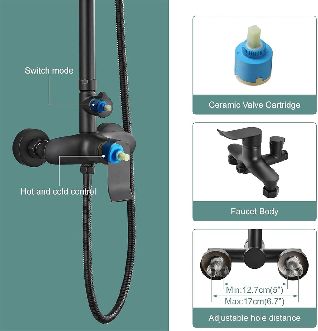 Heyalan Matte Black Exposed Shower System 2 Functional Bathroom Shower Set 8 Inch Square Rainfall Shower Head with Hand Sprayer Wall Mounted