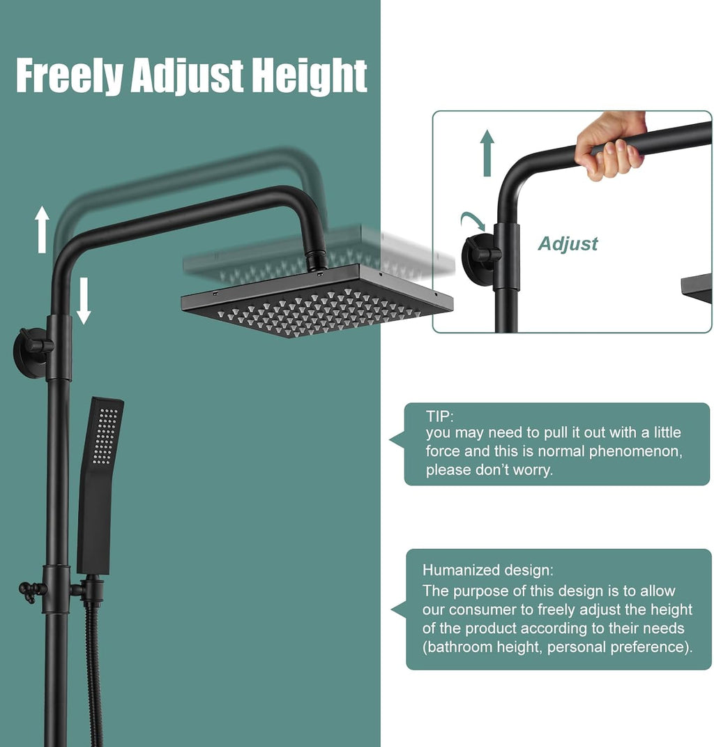 Heyalan Matte Black Exposed Shower System 2 Functional Bathroom Shower Set 8 Inch Square Rainfall Shower Head with Hand Sprayer Wall Mounted