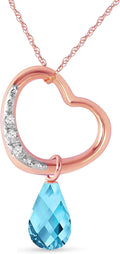 Galaxy Gold GG 14K Gold Open Heart with Genuine Diamond and Blue Topaz Pendant Necklace