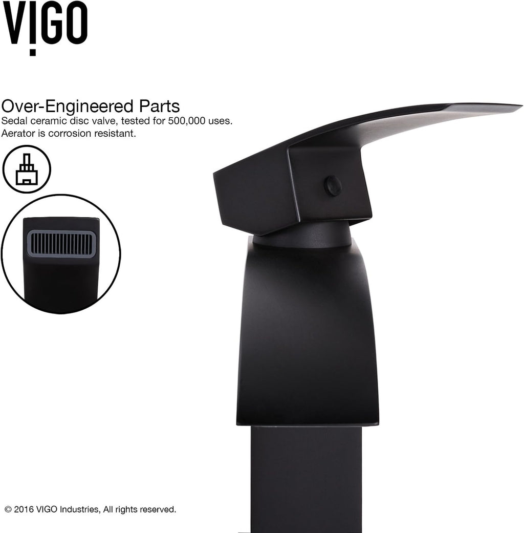 VIGO Satro Waterfall Single-Handle Single-Hole Mount Bathroom Sink Faucet, 7-Inch, Matte Black, Modern Design, Solid Brass, 1.2 GPM WaterSense & Ceramic Disc Valve, Corrosion-Resistant