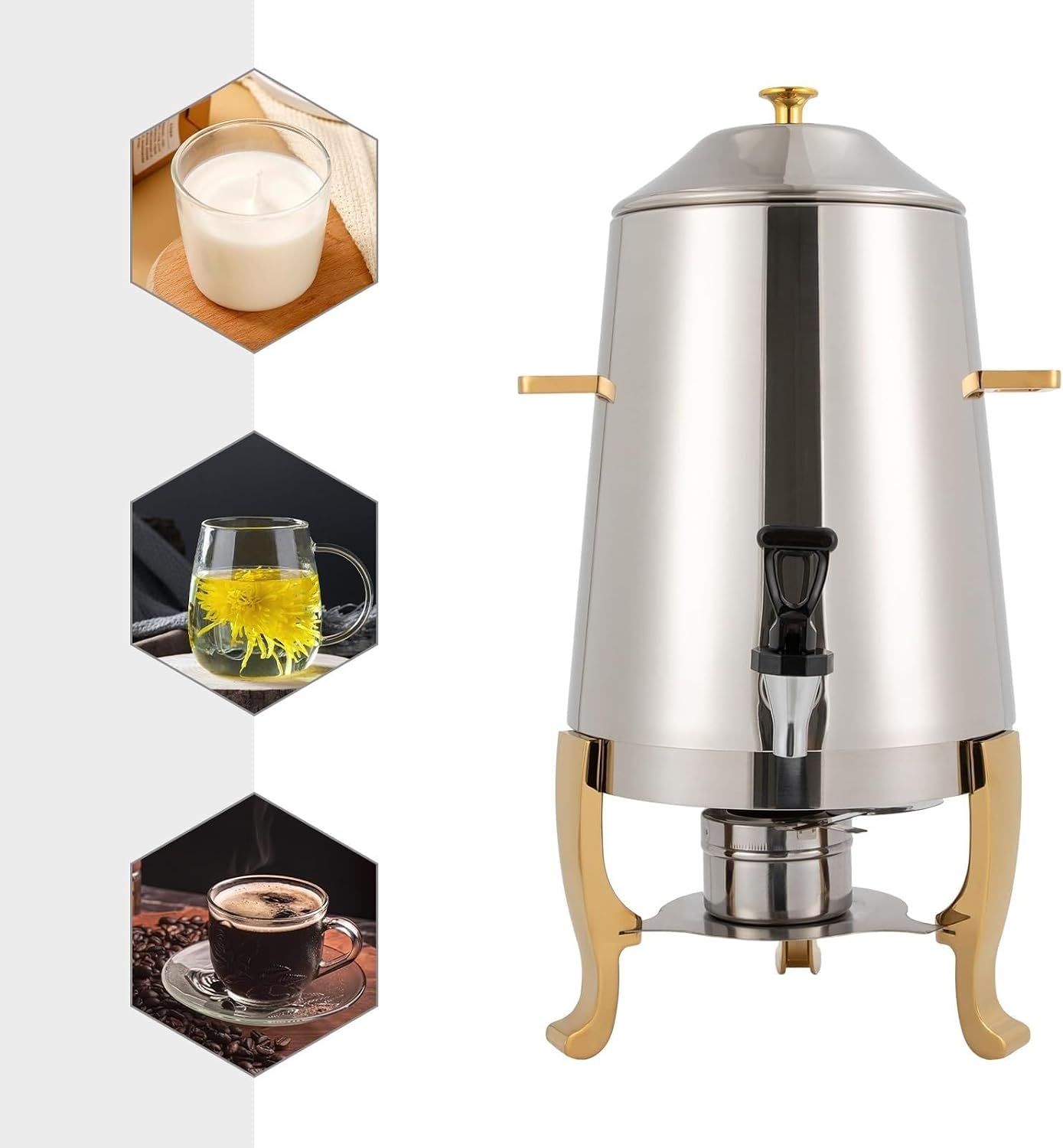 3.4 Gallon Stainless Steel Coffee Urn with Continuous Heating Faucet Hot Beverage Dispenser for Tea Water Parties Buffet Catering(Fuel Gold)