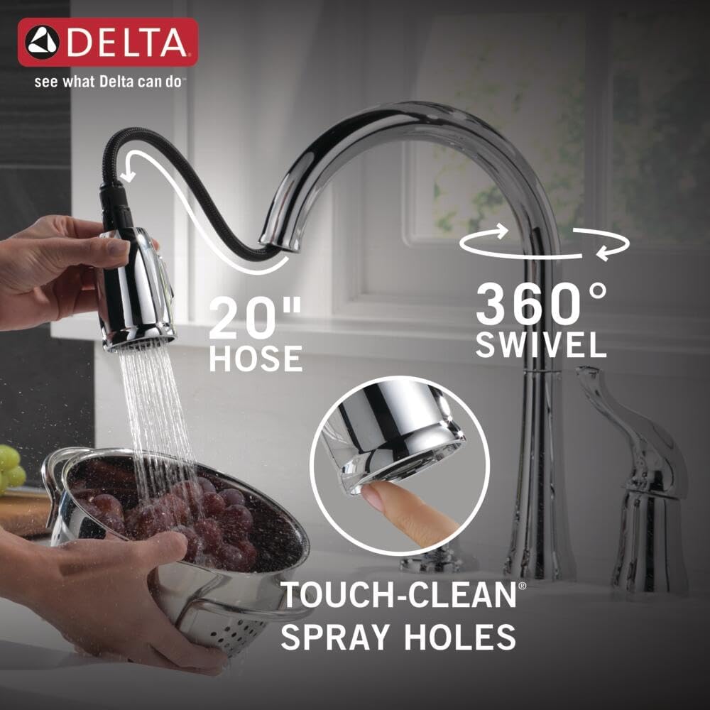 Delta Kate Chrome Kitchen Faucet with Pull Down Sprayer and Soap Disperser, Modern Two Hole Kitchen Sink Faucet, Single Handle, Chrome 16970-SD-DST