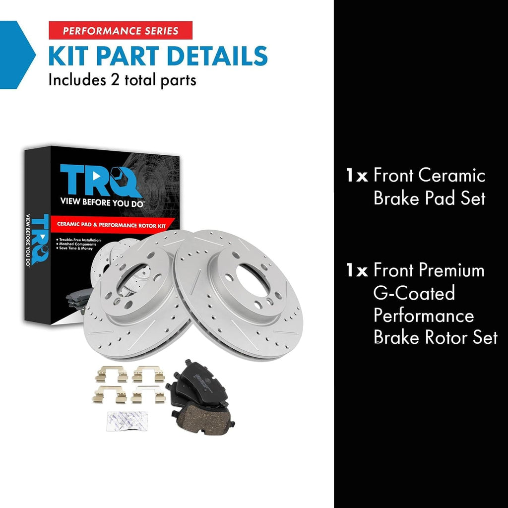 TRQ Performance Front Brake Pad and Rotor Set Ceramic G Coated Drilled Slotted Rotors Compatible with 2011-2016 Mini Cooper Countryman 2013-2016 Cooper Paceman