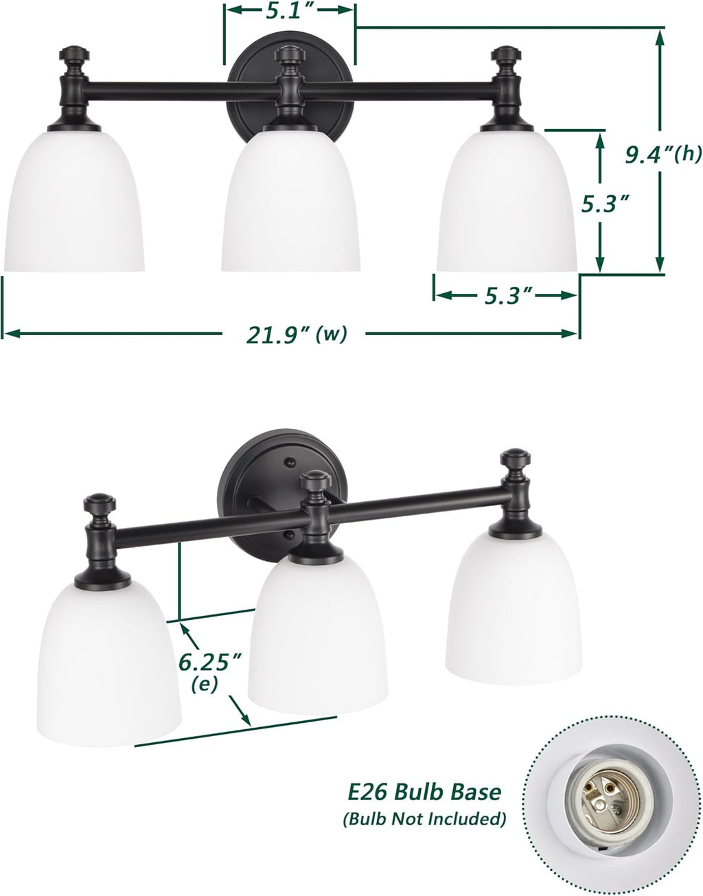 Black Bathroom Vanity Light, 3-Light Bathroom Light Fixtures Over Mirror, Traditional Vanity Lights for Living Room, Milk White Bell Glass Shades, Standard E26 Base, Matte Black