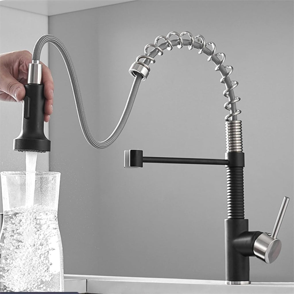Brass Kitchen Faucet with Pull-Out Spring Spout-Single Lever Hot and Cold Water Mixer Tap(Black and Brushed)