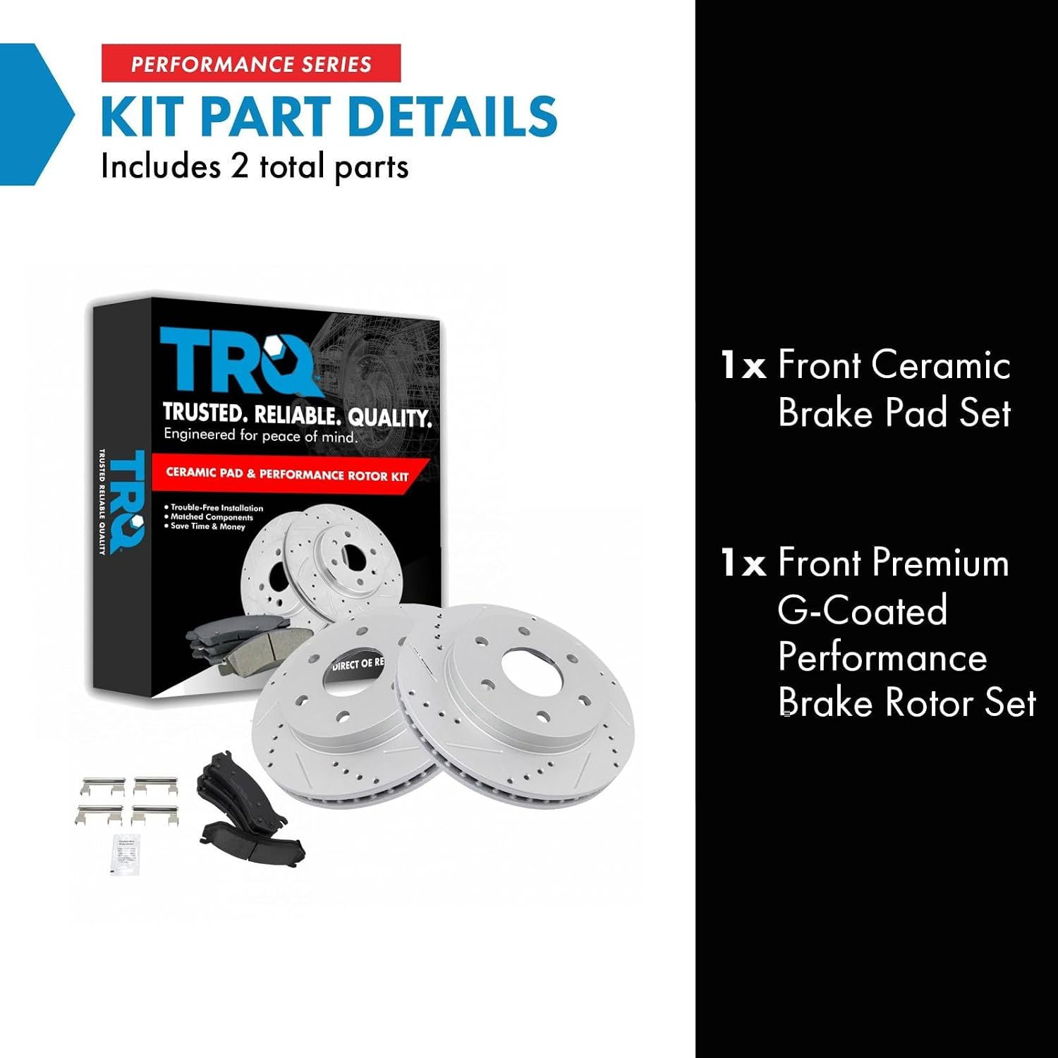 TRQ Performance Front Brake Pad and Rotor Set Ceramic Coated Drilled Slotted Vented Rotors Compatible with 2002-2006 Cadillac Escalade 1999-2008 Chevrolet Silverado 1500 1999-2006 GMC Sierra 1500