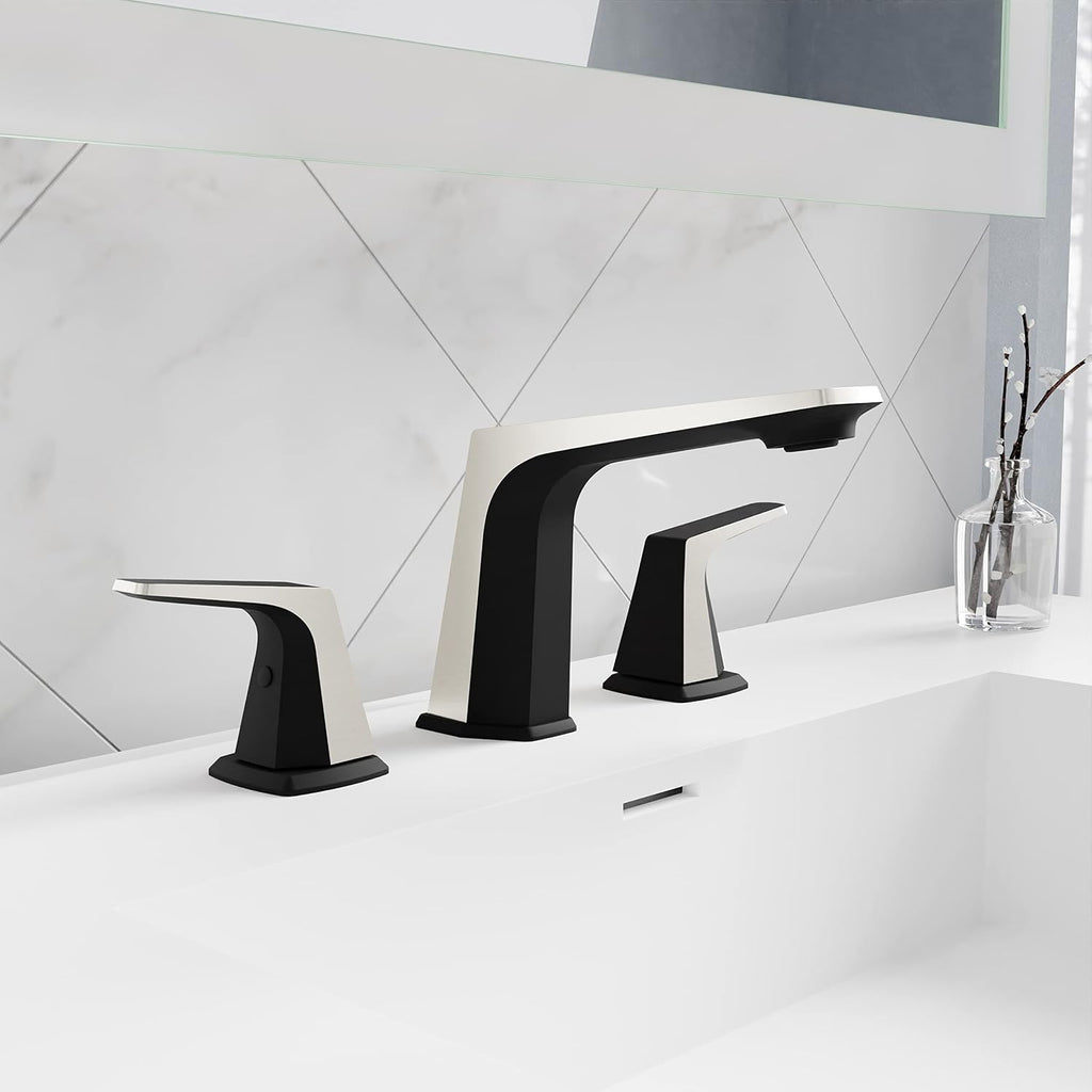 ANZZI Bathroom Faucet, Two Handle, Three Hole Bathroom Sink Faucet, RV Faucet, Vanity Faucet, Two Tone 8in Widespread Faucet, Matte Black & Brushed Nickel Faucet and Pop-up Drain (L-AZ905MB-BN)