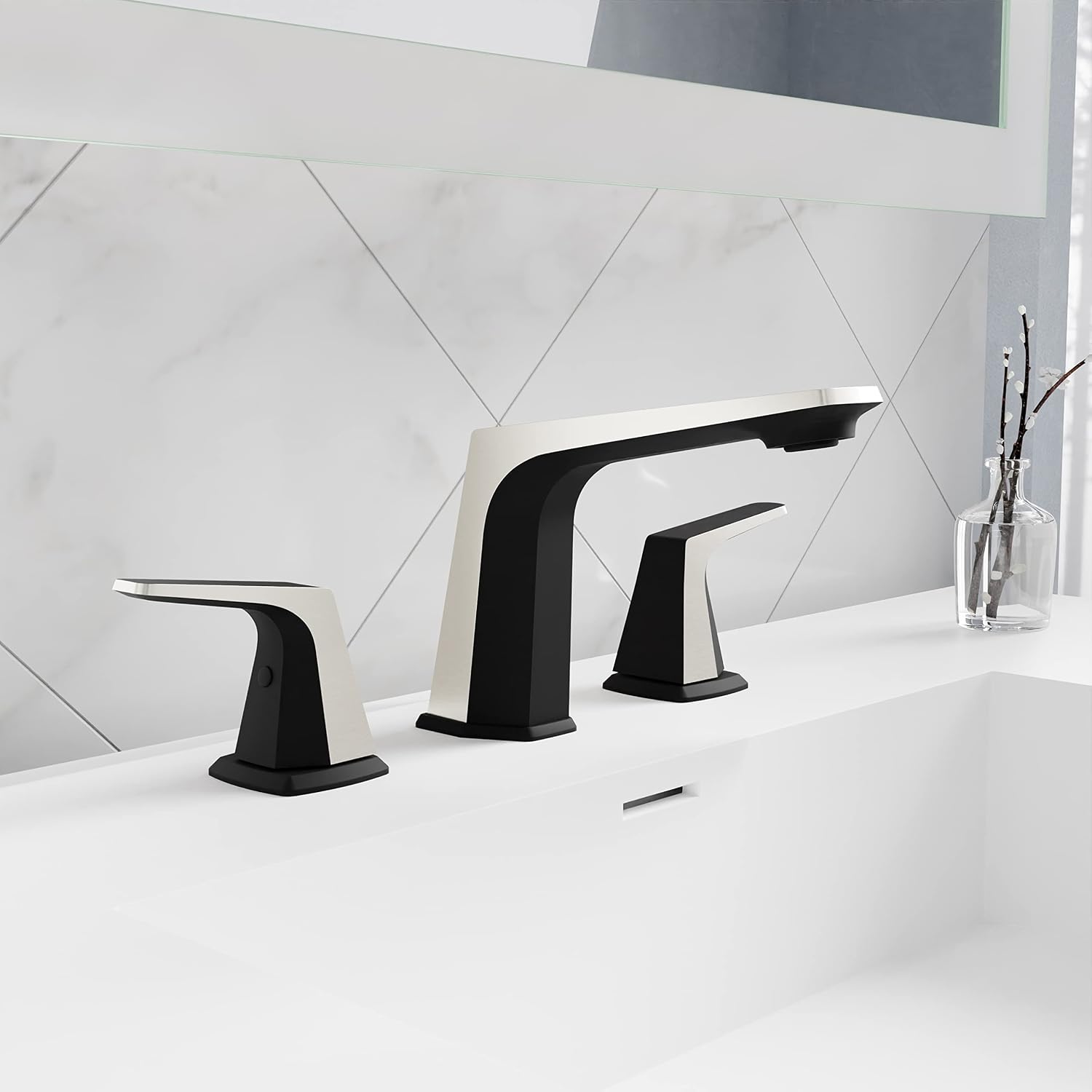 ANZZI Bathroom Faucet, Two Handle, Three Hole Bathroom Sink Faucet, RV Faucet, Vanity Faucet, Two Tone 8in Widespread Faucet, Matte Black & Brushed Nickel Faucet and Pop-up Drain (L-AZ905MB-BN)