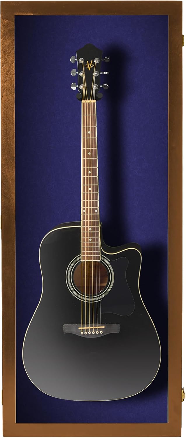 PENNZONI Acoustic Guitar Display Case - Acrylic Acoustic Guitar Case - Guitar Display Case Wall Mount Made from Hardwood Frame & Clear Acrylic - Walnut w/Felt Blue