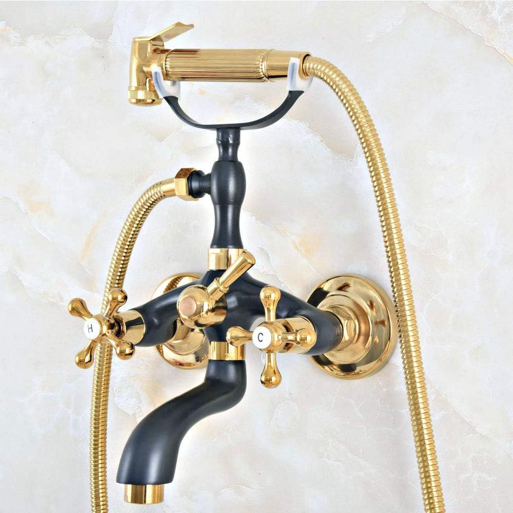Bathtub Faucet with Cold and Hot Water Wall Mounted Brass Shower Tap Dual Handle Set with Bidet Spray Head, Spout, Gold and Black