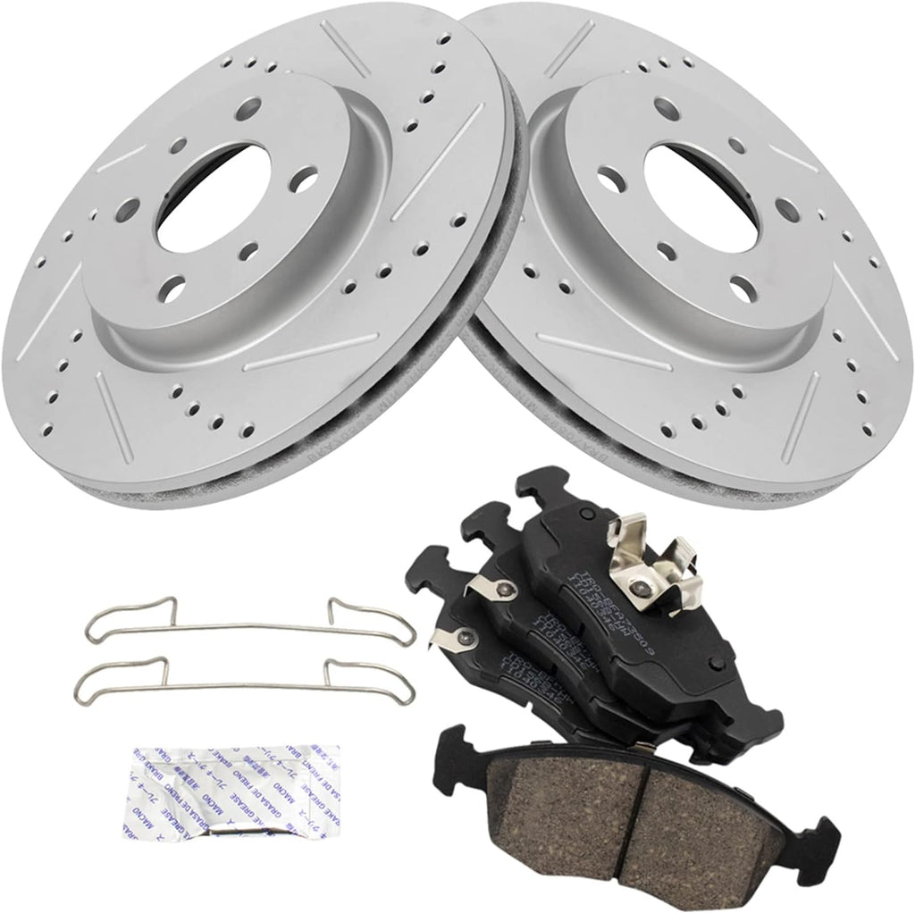 TRQ Performance Front Brake Pad and Rotor Set Ceramic Drilled Slotted G Coated Rotors Compatible with 2012-2017 Fiat 500