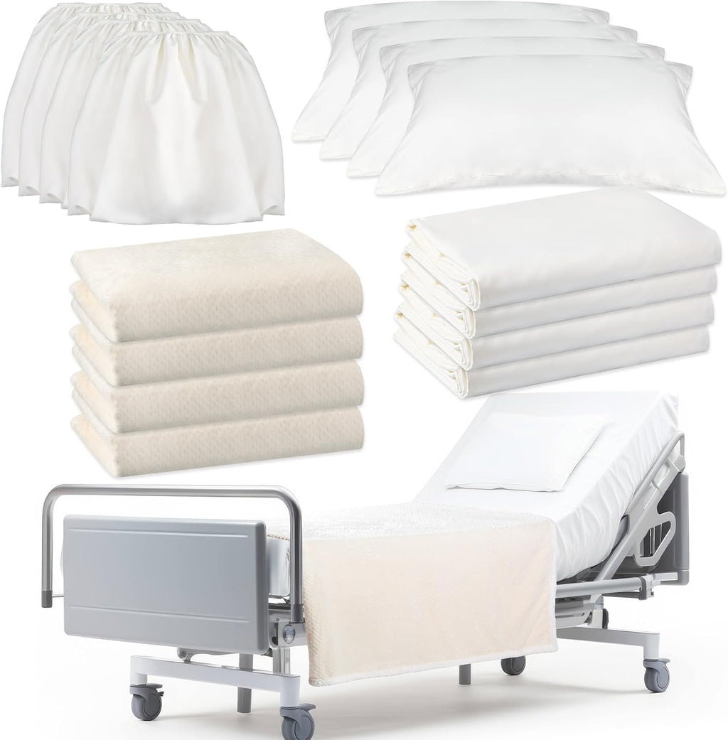 SmoothNovelty 16 Pcs Hospital Bed Sheets Set, Soft Knitted Standard Sheets Quality, Include Fitted Sheet, Quilt Cover, Pillow Case and Blanket (White)