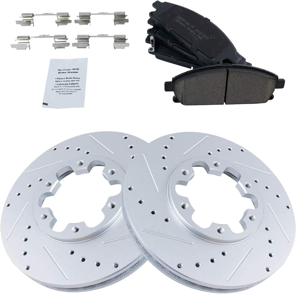 TRQ Performance Front Brake Pad and Rotor Set Ceramic Drilled Slotted G Coated Vented Rotors Compatible with 1997 Infiniti QX4 1996-1998 Nissan Pathfinder