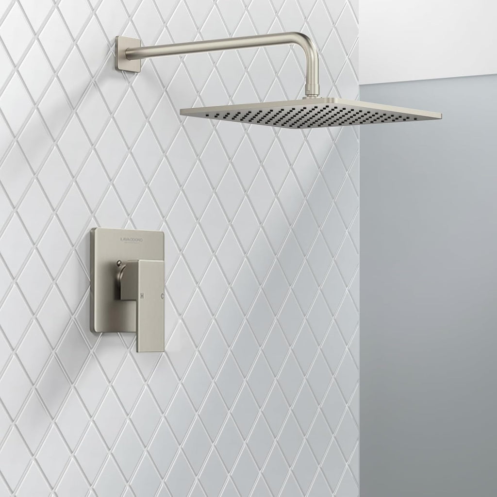 Lava Odoro 12-inch Modern Square Shower Faucet Set Brushed Nickel, Shower Trim Kit with Rough-in Valve High Pressure Rainfall Shower Head and Handle Set (Valve Included), SF106-BN