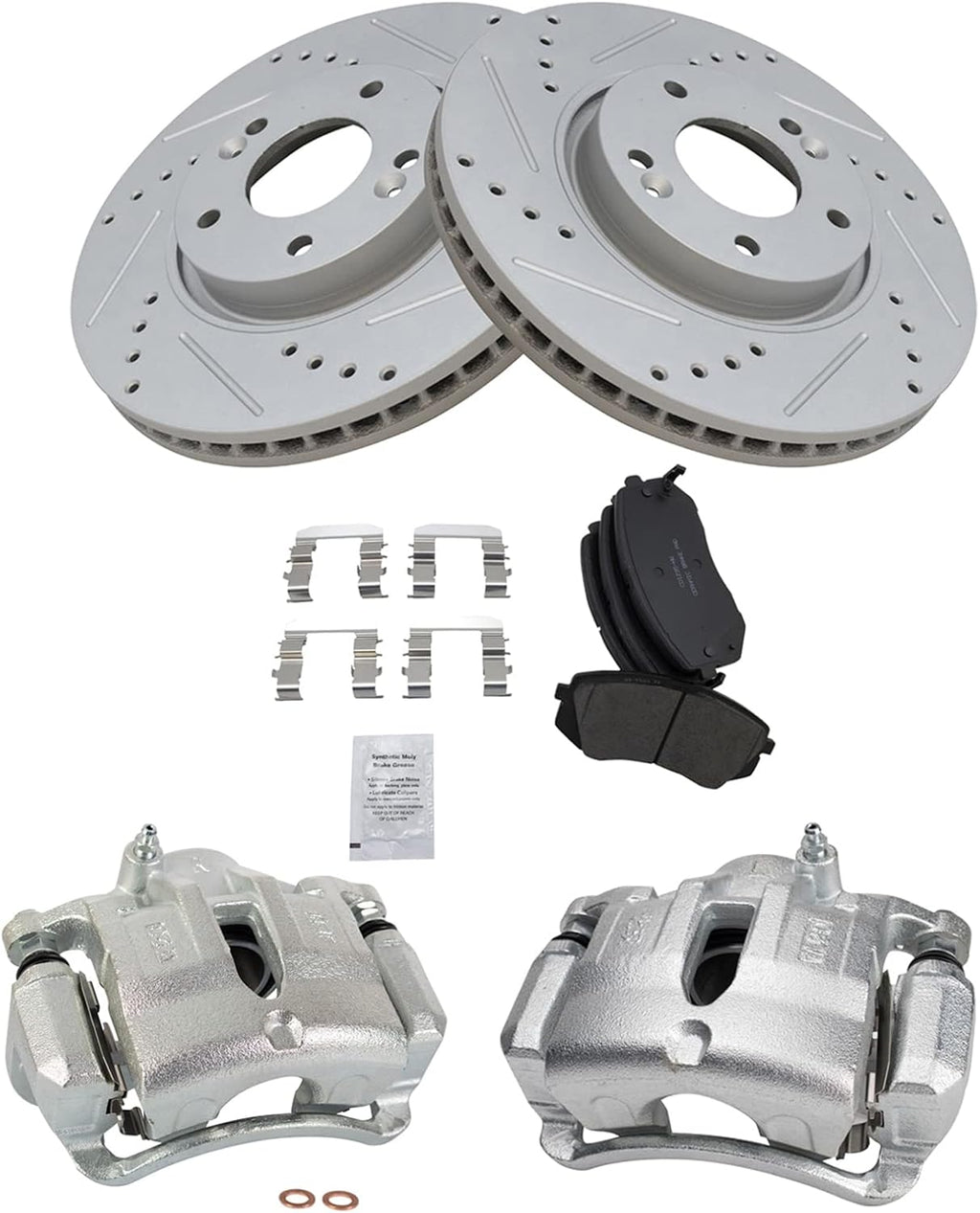 TRQ Performance Front Brake Pad and Rotor Set Ceramic Vented Coated Slotted Drilled Rotors Calipers Compatible with 2012-2015 Hyundai Tucson 2012-2016 Kia Sportage