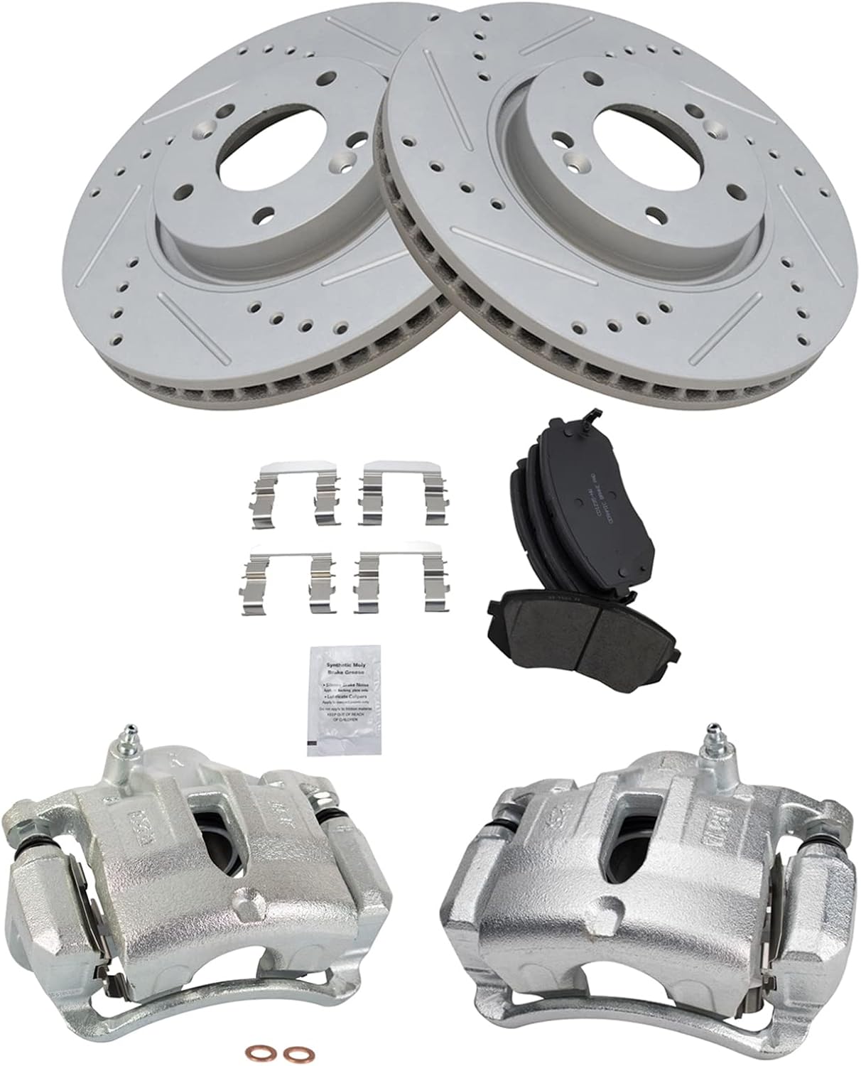 TRQ Performance Front Brake Pad and Rotor Set Ceramic Vented Coated Slotted Drilled Rotors Calipers Compatible with 2012-2015 Hyundai Tucson 2012-2016 Kia Sportage