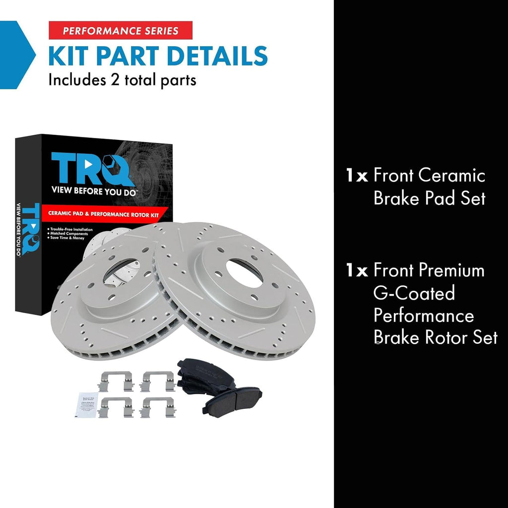 TRQ Performance Front Brake Pad and Rotor Set Ceramic Coated Drilled Slotted Vented Rotors Compatible with 2008-2013 Nissan Rogue 2014-2015 Rogue Select 2007-2008 Sentra