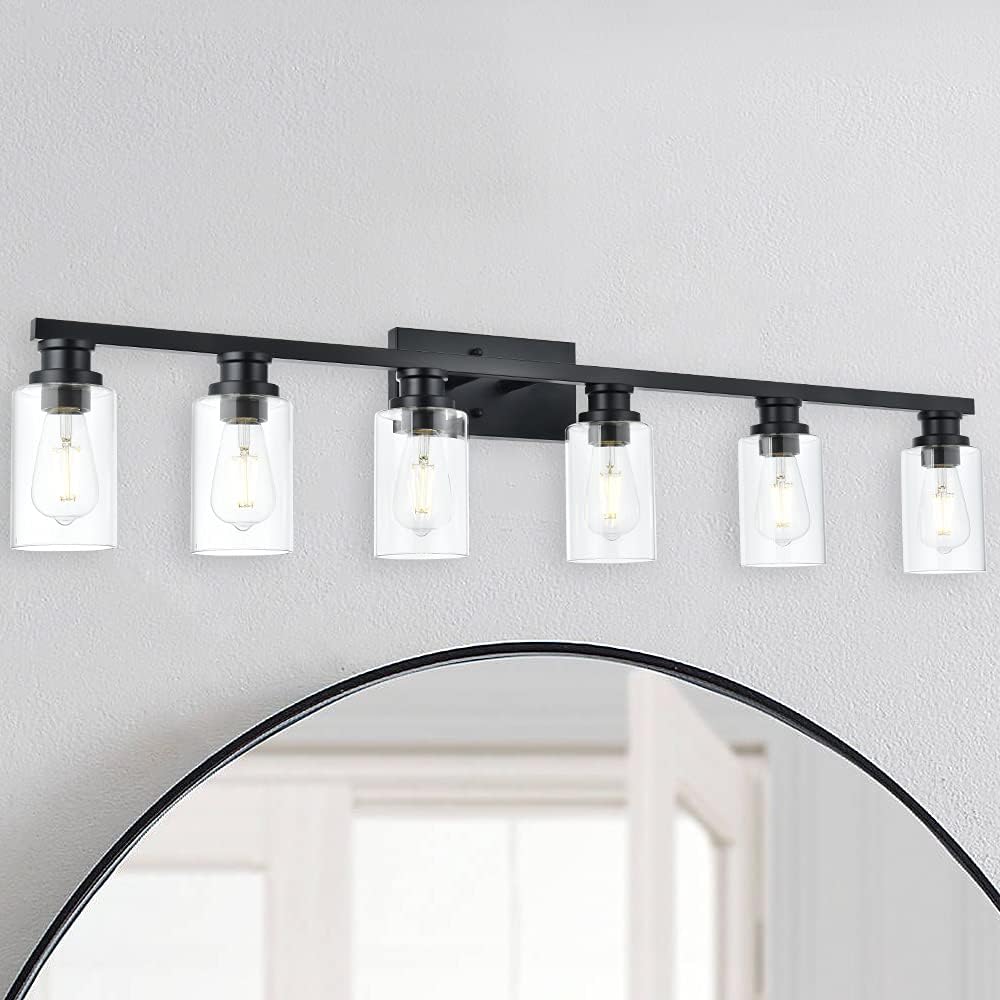 6 Light Classic Bathroom Vanity Lighting Fixture,Matte Black Indoor Metal Wall Mount Light Over Mirror with Clear Glass Shade