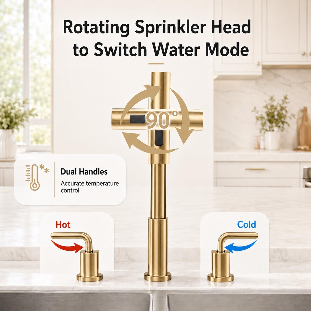 Kitchen Faucet with Pull Down Sprayer - Brushed Gold 3 Hole Kitchen Sink Faucet - 8 Inch 2 Handle Champagne Bronze 3 Piece Faucets Stainless Steel Faucet, 360° Swivel, Pull Out 3 Spray Modes