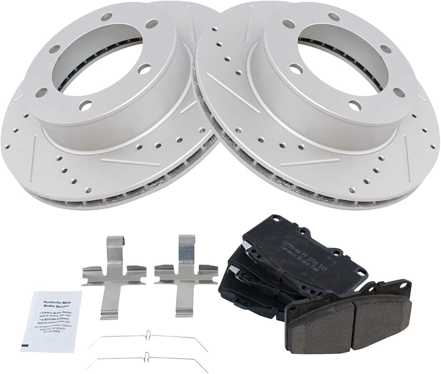TRQ Performance Front Brake Pad and Rotor Set Ceramic G Coated Drilled Slotted Vented Rotors Compatible with 1999-2004 Toyota Tacoma