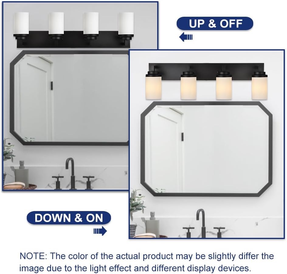 TODOLUZ 4-Lights Bathroom Light Fixtures in Matte Black, Modern Opal White Glass Vanity Light E26 Bulb Base, Wall Mount Lighting for Bedroom Bath Living Room