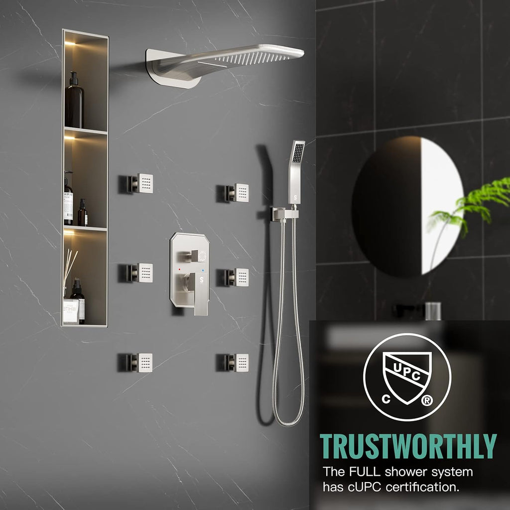 4-Function Waterfall Shower System with Body Jets, SR SUN RISE Full Body Rainfall Shower System with Handheld Shower Faucet Complete Sets, Wall Mounted Shower Fixture Set for Bathroom, Brushed Nickel