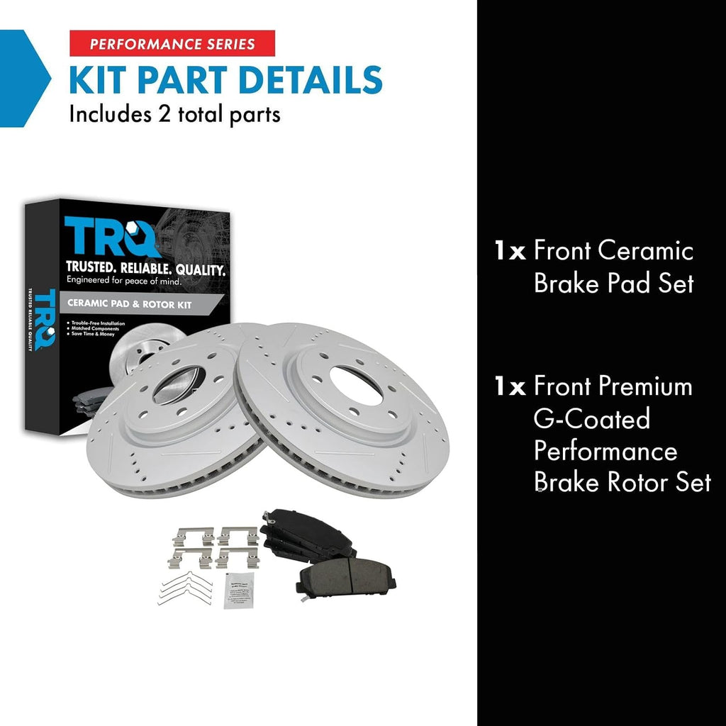 TRQ Performance Front Brake Pad and Rotor Set Ceramic Coated Drilled Slotted Vented Rotors Compatible with 2011-2013 Infiniti QX56 2014-2021 QX80 2012-2021 Nissan Armada 2011-2021 Titan