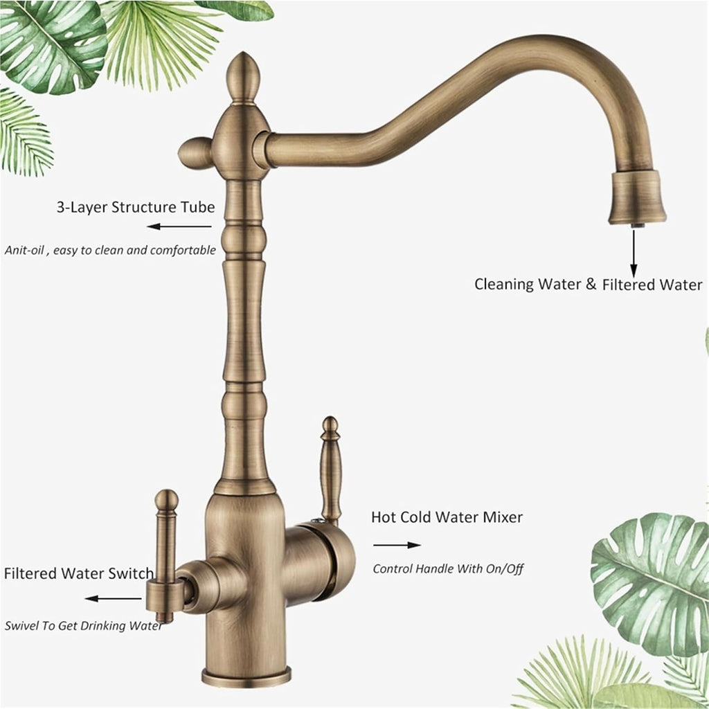 Antique Brass Filtered Kitchen Faucet Mixer Tap Hot Cold Water 360 Rotation Water Purification Water Crane Tap(Gold)