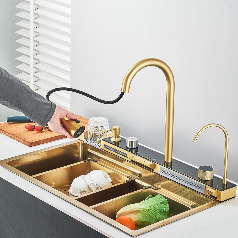Brushed Gold Waterfall Kitchen Sink Stainless Steel Single Bowl Drop In Sink with Pull-Out Faucet Kitchen Sink Workstation with Cup Washer, Soap Dispenser, Water Filter Tap (29.52'X18.11')