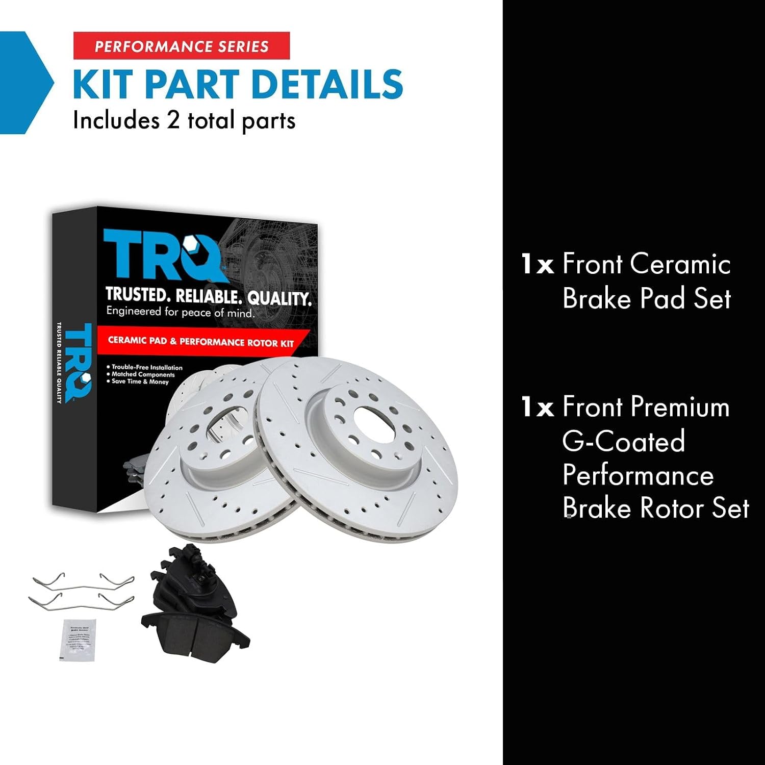 TRQ Performance Front Brake Pad and Rotor Set Ceramic Drilled Slotted Coated Vented Rotors Compatible with 05-17 Volkswagen Jetta GTI Passat Eos CC Beetle 06-14 Audi A3 A3 Quattro TT TT Quattro