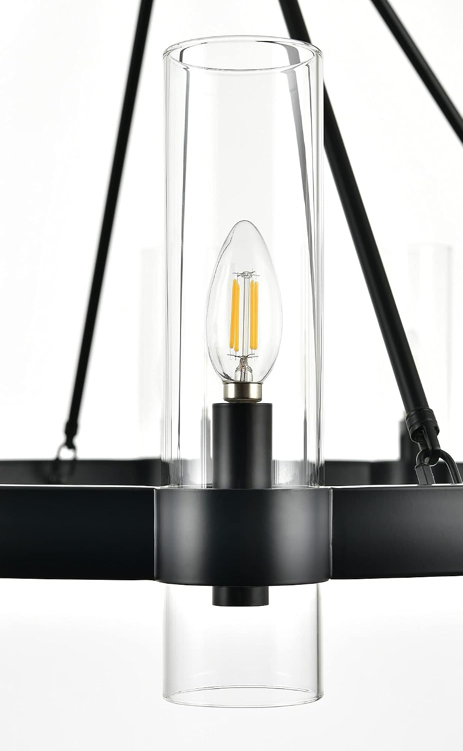 Linea di Liara Teramo Matte Black Chandelier Dining Room Light Fixture Large Wagon Wheel Chandelier Round Industrial Modern Farmhouse Chandeliers for Dining Room Foyer, Clear Glass, UL Listed