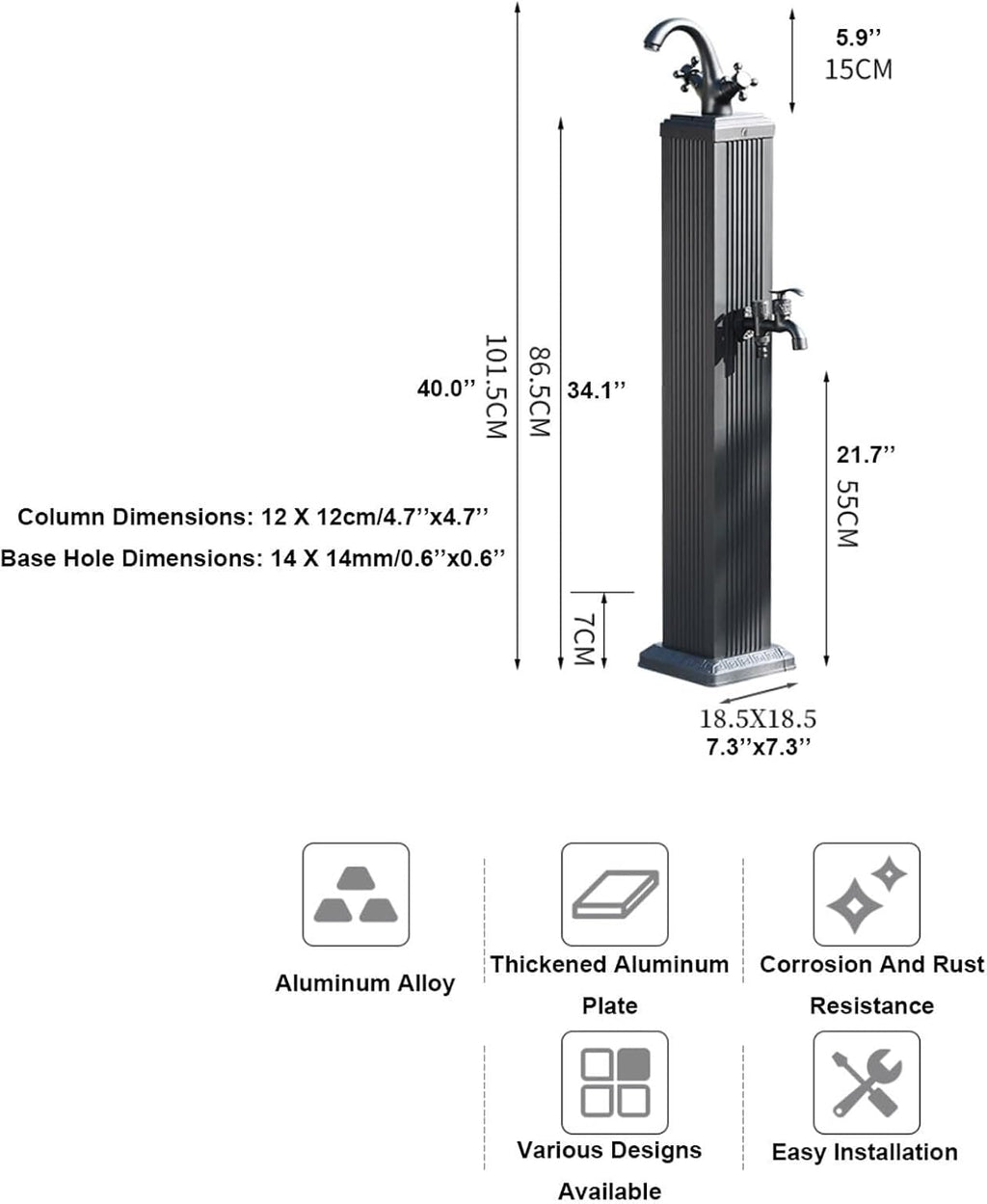 Square Water Column Garden Antifreeze Water Tap Hot and Cold Water Hose Stand with Faucet Outdoor Floor Mounted Fountain Hydrant(Negro)