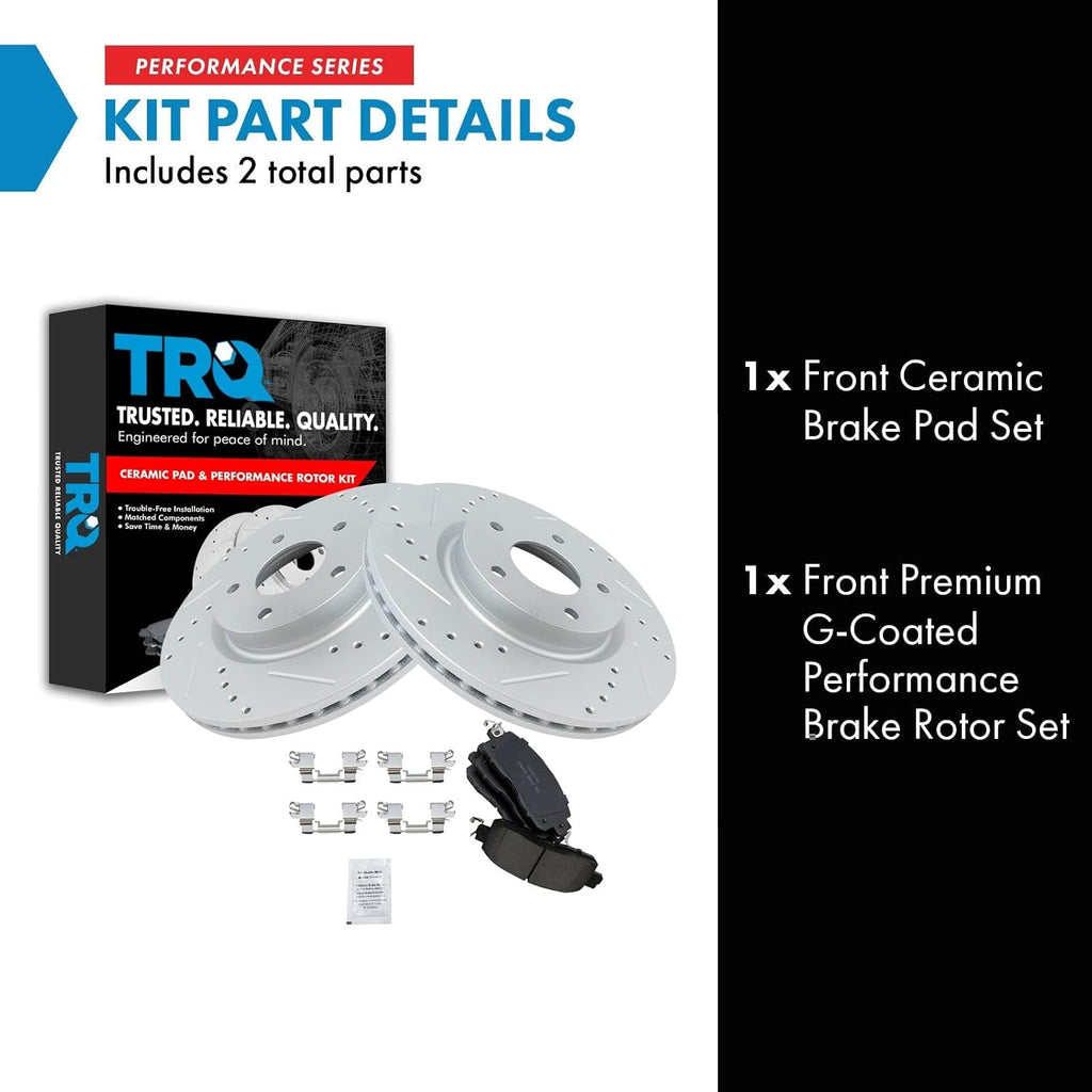 TRQ Front Brake Pad and Rotor Kit Ceramic Performance Slotted Drilled Vented Rotors G-Coated Compatible with 2013-2023 Nissan Altima