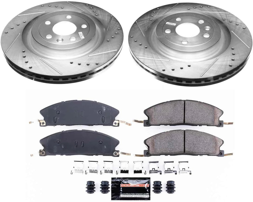 PowerStop Front Brake Kit for Ford Explorer 2013-19 |Flex 2013-19 |Police Interceptor Sedan 2013-19 - Drilled and Slotted Disc Rotors with Carbon-Fiber Ceramic Brake Pads Replacement, K6374