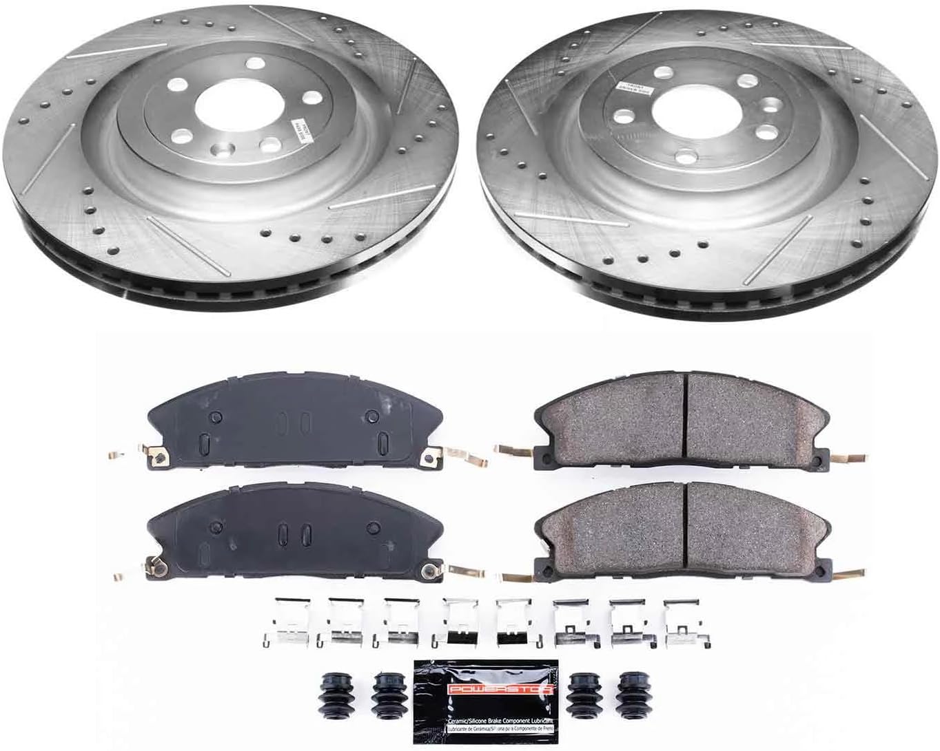 PowerStop Front Brake Kit for Ford Explorer 2013-19 |Flex 2013-19 |Police Interceptor Sedan 2013-19 - Drilled and Slotted Disc Rotors with Carbon-Fiber Ceramic Brake Pads Replacement, K6374